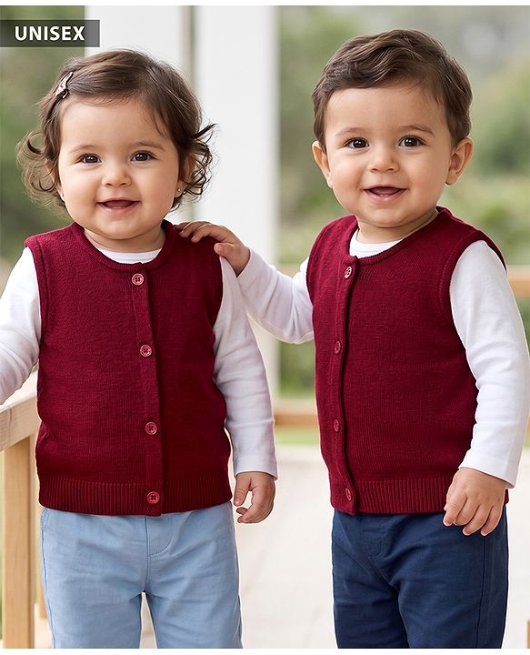 Babyhug Knit Sleeveless Solid Colour Front Open Sweater- Maroon