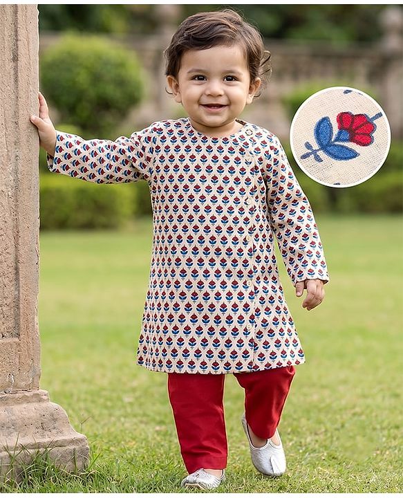 Babyhug 100% Cotton Cambric Woven Full Sleeves Floral Printed Kurta Pyjama Set -Off White