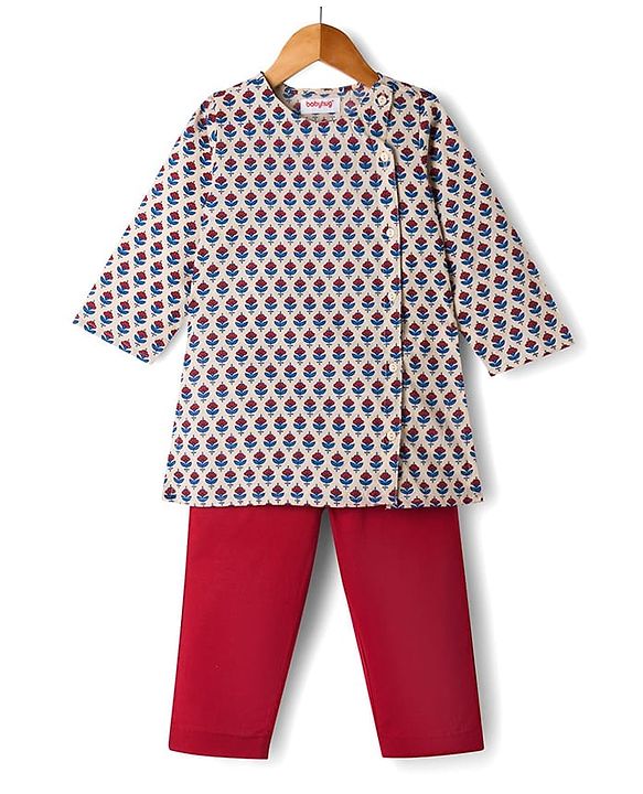 Babyhug 100% Cotton Cambric Woven Full Sleeves Floral Printed Kurta Pyjama Set -Off White