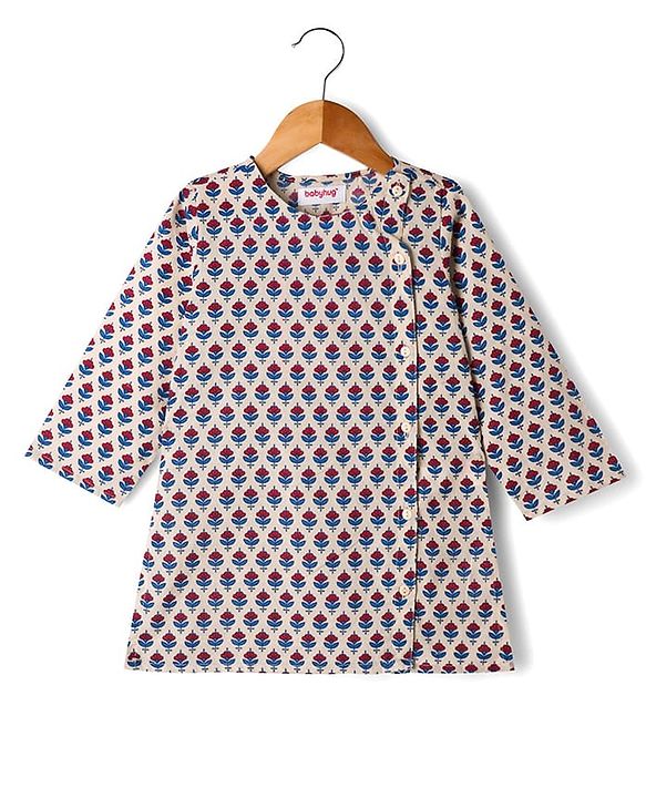 Babyhug 100% Cotton Cambric Woven Full Sleeves Floral Printed Kurta Pyjama Set -Off White