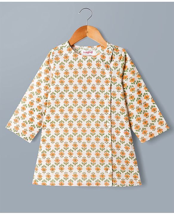 Babyhug 100% Cotton Cambric Woven Full Sleeves Kurta Dhoti Set with Floral Print - Off White