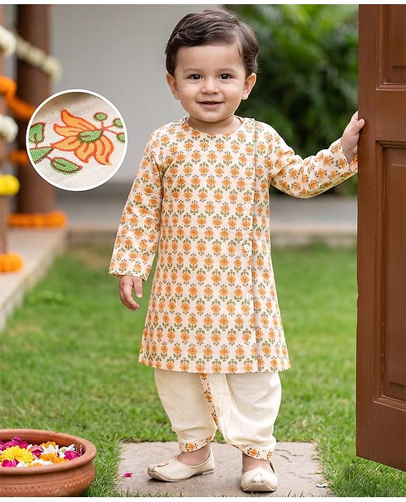Babyhug 100% Cotton Cambric Woven Full Sleeves Kurta Dhoti Set with Floral Print - Off White