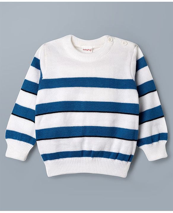 Babyhug Knit Full Sleeves Striped Sweater Set - Blue & White