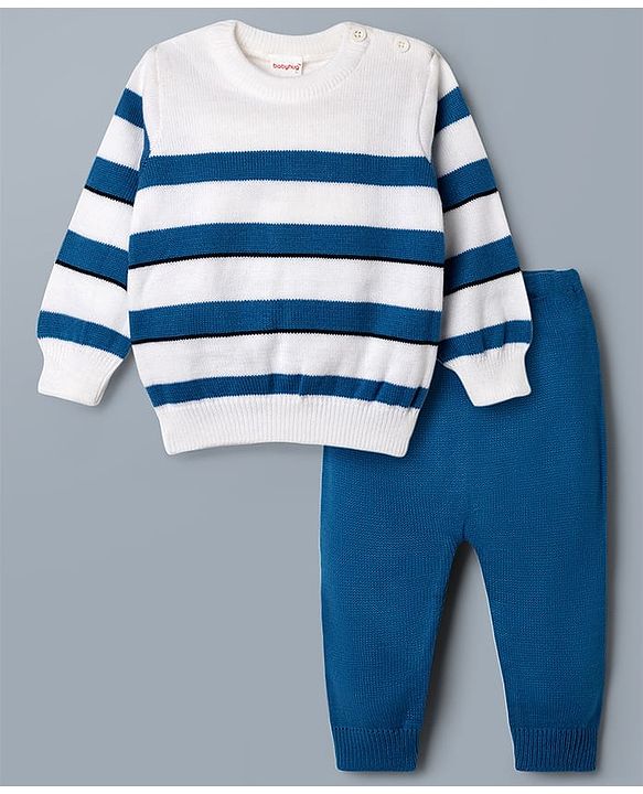 Babyhug Knit Full Sleeves Striped Sweater Set - Blue & White