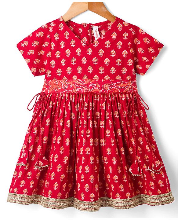 Babyhug 100% Cotton Woven Half Sleeves Hakkoba Printed Ethnic Dress - Red
