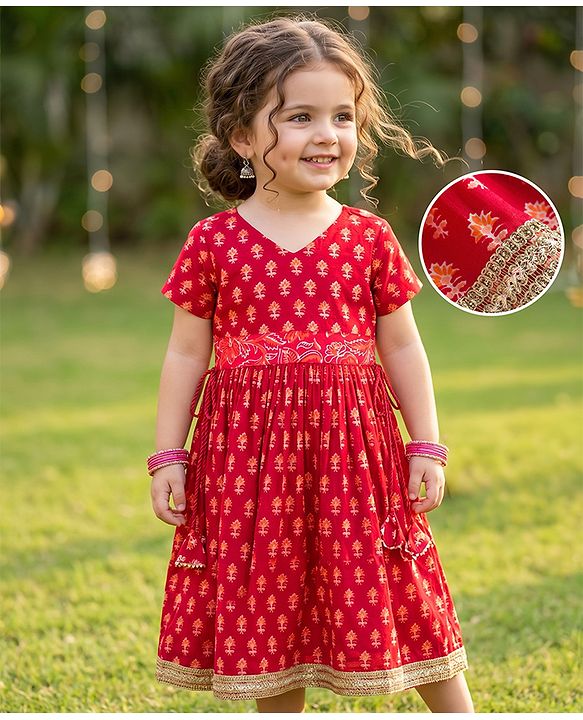 Babyhug 100% Cotton Woven Half Sleeves Hakkoba Printed Ethnic Dress - Red