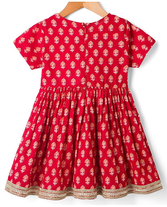 Babyhug 100% Cotton Woven Half Sleeves Hakkoba Printed Ethnic Dress - Red