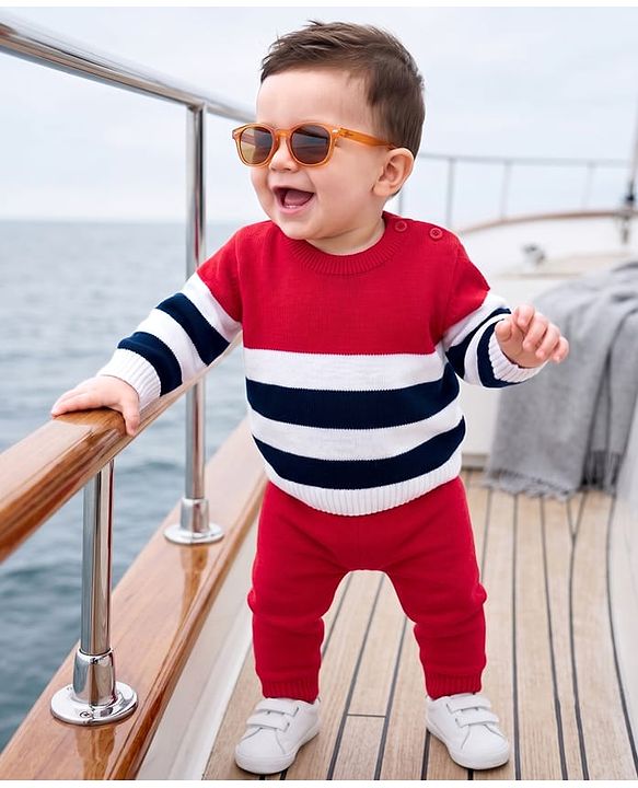 Babyhug Knit Full Sleeves Striped Sweater Set - Navy Blue & Red