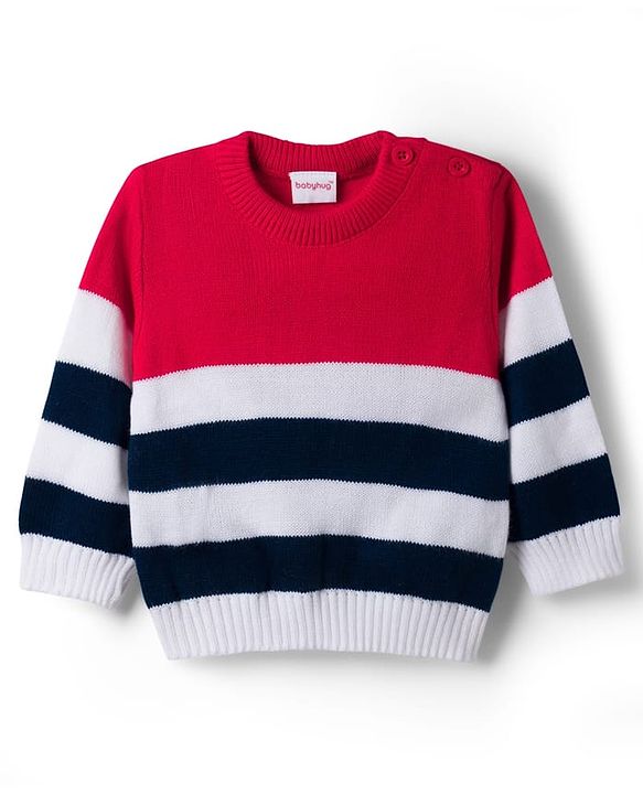 Babyhug Knit Full Sleeves Striped Sweater Set - Navy Blue & Red