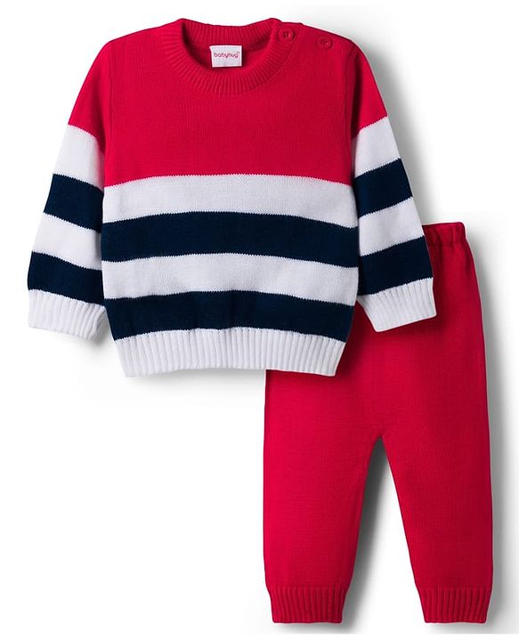 Babyhug Knit Full Sleeves Striped Sweater Set - Navy Blue & Red