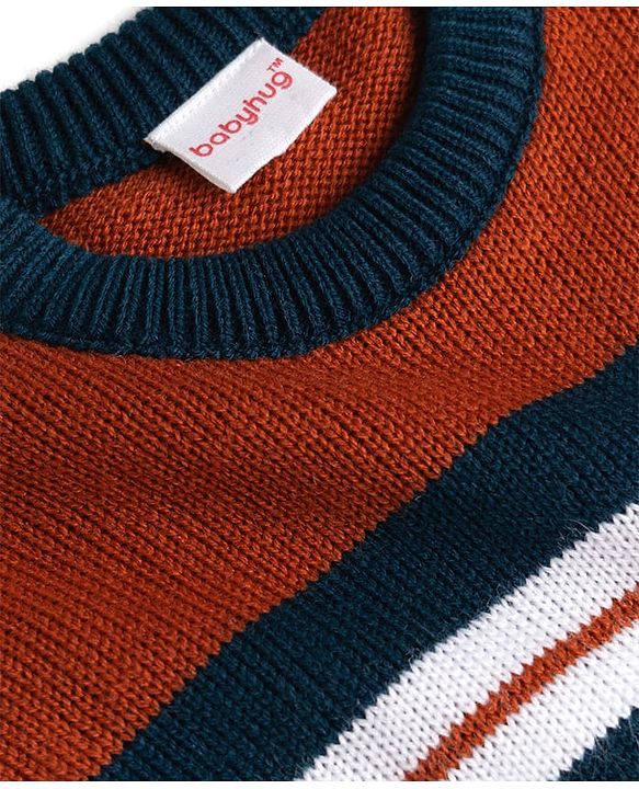 Babyhug Knit Full Sleeves Striped  Sweater Set - Rust & Navy