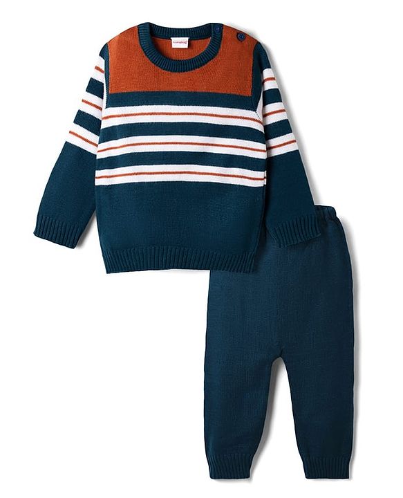 Babyhug Knit Full Sleeves Striped  Sweater Set - Rust & Navy