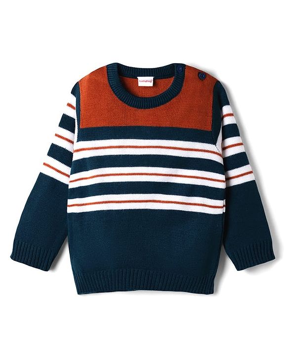 Babyhug Knit Full Sleeves Striped  Sweater Set - Rust & Navy