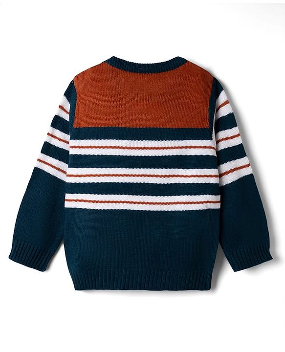 Babyhug Knit Full Sleeves Striped  Sweater Set - Rust & Navy