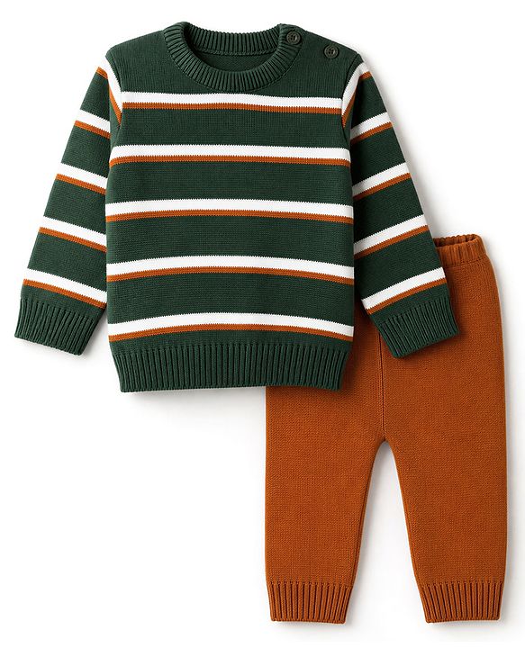 Babyhug Knit Full Sleeves Striped Sweater Set - Dark Green