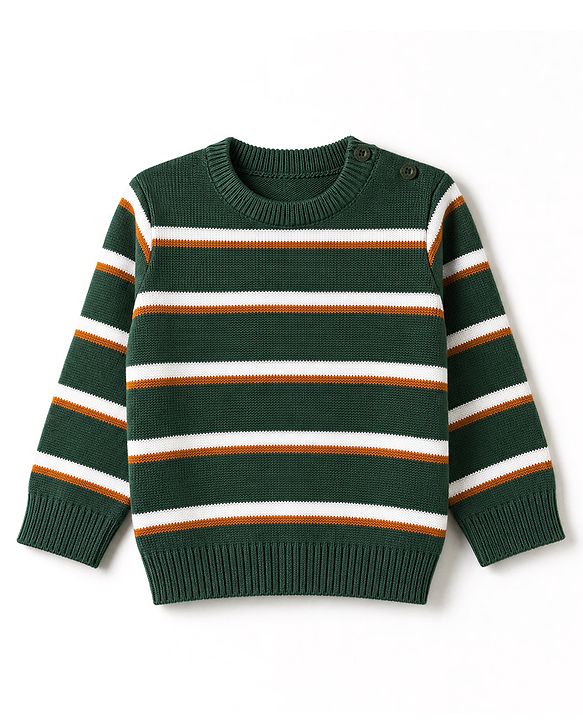 Babyhug Knit Full Sleeves Striped Sweater Set - Dark Green