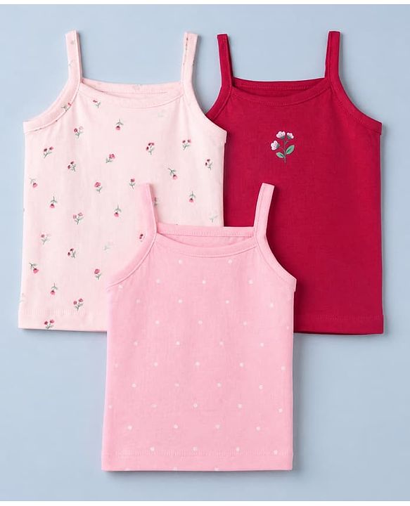 Babyhug 100% Cotton Single Jersey Knit Sleeveless Slips with Floral Print & Polka Dots Pack of 3 - Pink & Red