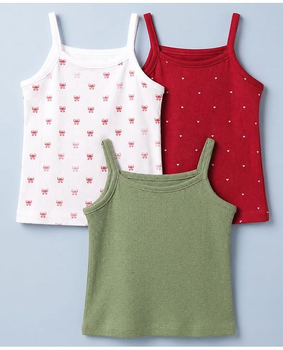 Babyhug 100% Cotton Single Jersey Knit Slips with Singlet and Bow Hearts Print Pack of 3 - Red White Olive Green