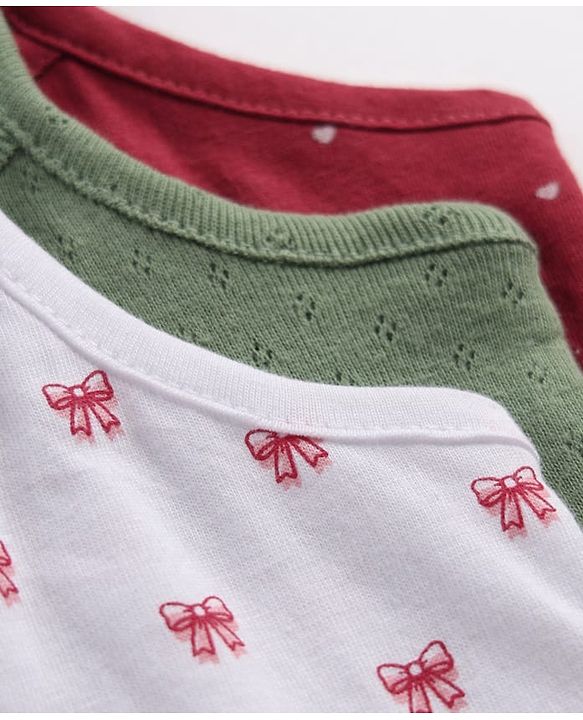Babyhug 100% Cotton Single Jersey Knit Slips with Singlet and Bow Hearts Print Pack of 3 - Red White Olive Green