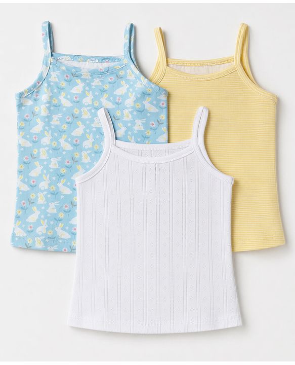 Babyhug 100% Cotton Single Jersey Knit Sleeveless Striped Slips With Bunny Print Pack of 3 - Yellow, Light Blue & White