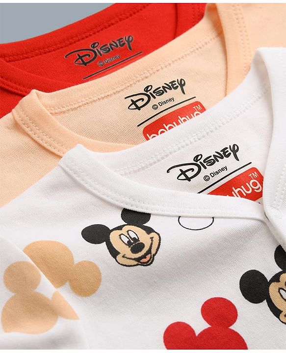 Babyhug Disney 100% Cotton Interlock Knit Full Sleeves Jhablas with Mickey Mouse Print Pack of 3 - Red Peach White