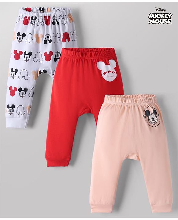 Babyhug Disney 100% Cotton Interlock Knit Full Length Diaper Leggings with Mickey Mouse Print Pack Of 3 - White, Red & Peach