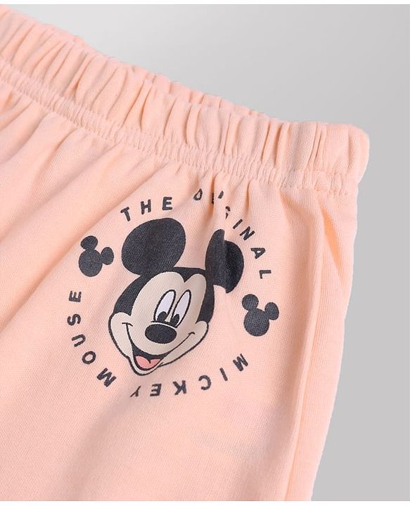 Babyhug Disney 100% Cotton Interlock Knit Full Length Diaper Leggings with Mickey Mouse Print Pack Of 3 - White, Red & Peach