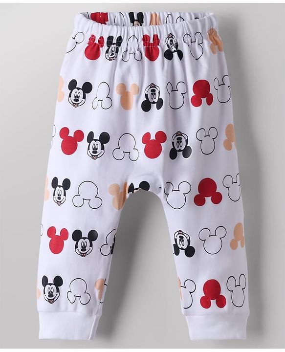 Babyhug Disney 100% Cotton Interlock Knit Full Length Diaper Leggings with Mickey Mouse Print Pack Of 3 - White, Red & Peach