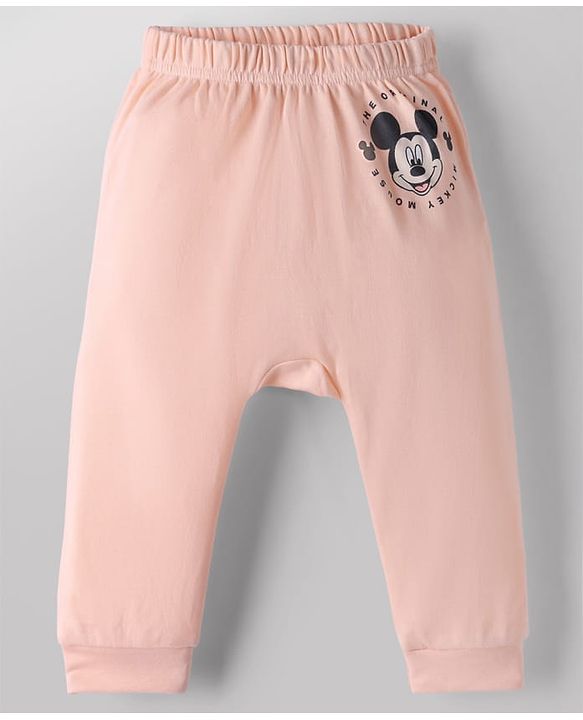 Babyhug Disney 100% Cotton Interlock Knit Full Length Diaper Leggings with Mickey Mouse Print Pack Of 3 - White, Red & Peach
