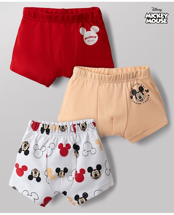 Babyhug Disney 100% Cotton Interlock Knit Briefs with Mickey Mouse Graphic Print Pack of 3 - Red, Peach & White