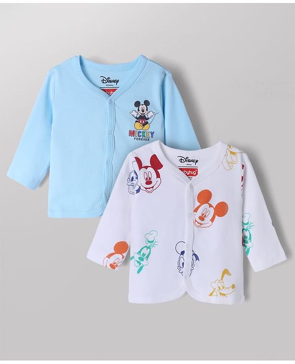Babyhug Disney 100% Cotton Interlock Knit Full Sleeves Front Open Jhablas with Mickey Mouse Graphic Print Pack of 2 - Light Blue, White