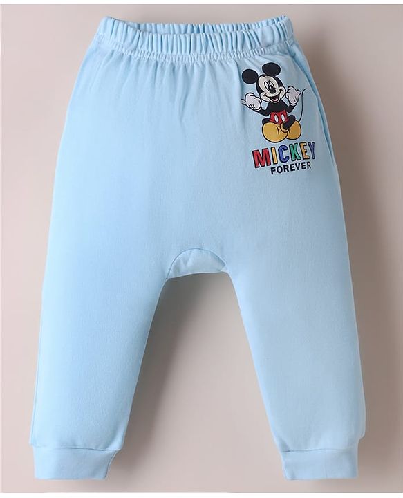 Babyhug Disney 100% Cotton Interlock Knit Full Length Diaper Leggings with Mickey Mouse Print Pack Of 2 - White & Light Blue