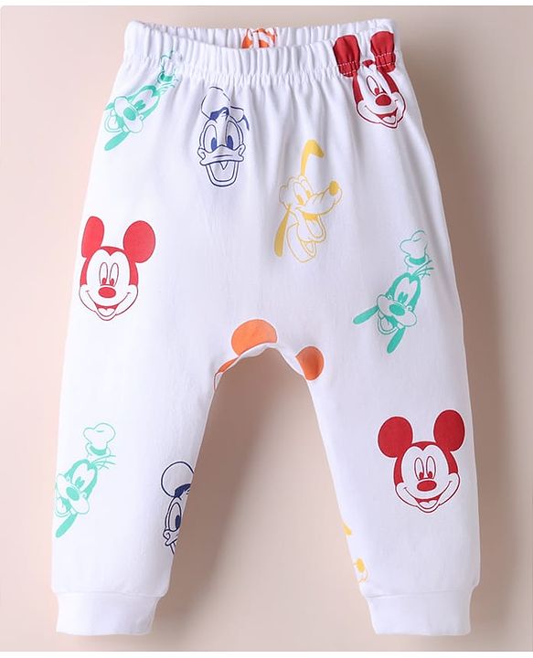 Babyhug Disney 100% Cotton Interlock Knit Full Length Diaper Leggings with Mickey Mouse Print Pack Of 2 - White & Light Blue