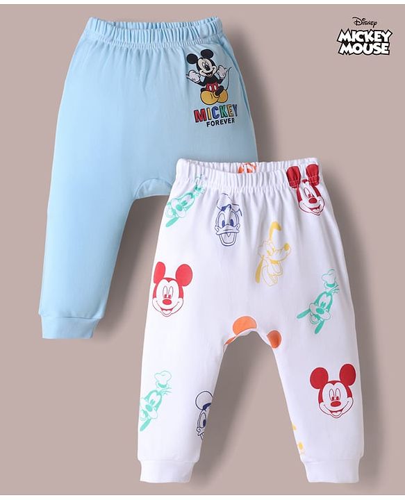 Babyhug Disney 100% Cotton Interlock Knit Full Length Diaper Leggings with Mickey Mouse Print Pack Of 2 - White & Light Blue