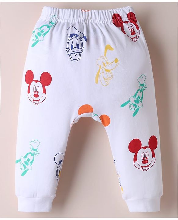 Babyhug Disney 100% Cotton Interlock Knit Full Length Diaper Leggings with Mickey Mouse Print Pack Of 2 - White & Light Blue