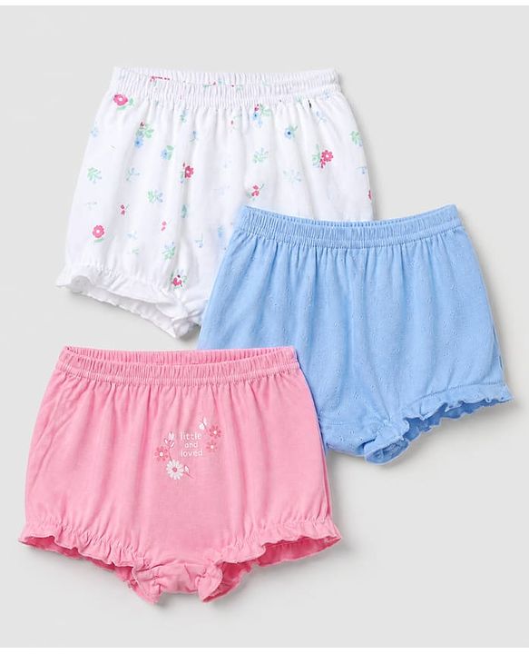 Babyhug 100% Cotton Single Jersey Knit Antibacterial Bloomers With Floral Print Pack of 3 - Blue Pink White