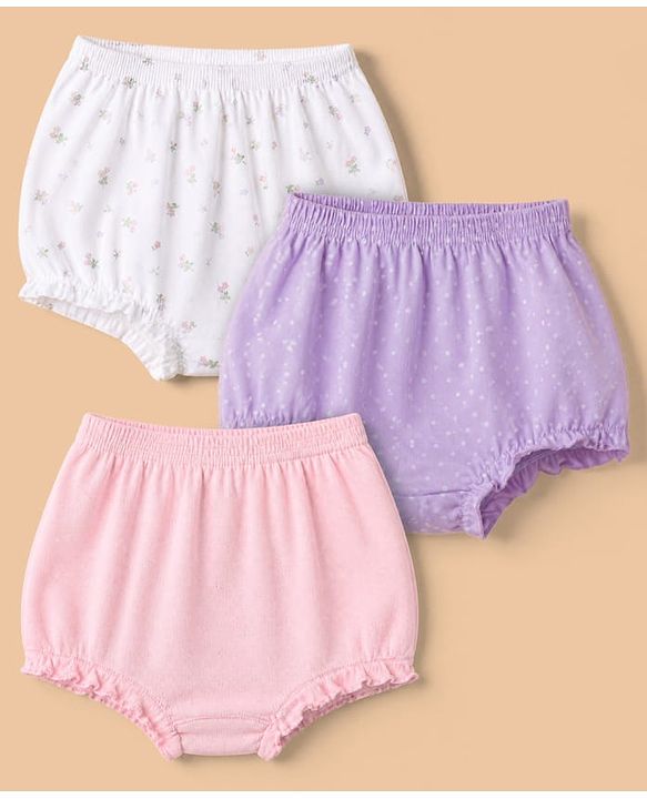 Babyhug 100% Cotton Single Jersey Knit Antibacterial Bloomers With Floral Print Pack of 3 - Purple White & Pink