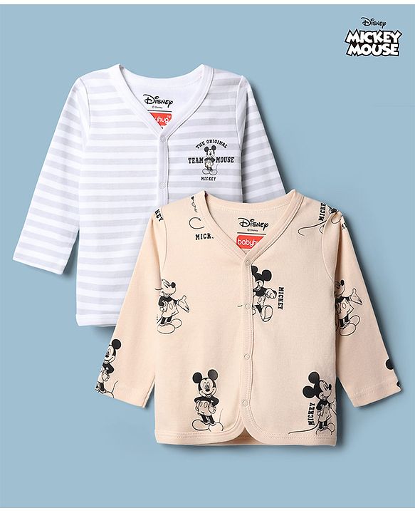 Babyhug Disney 100% Cotton Interlock Knit Full Sleeves Jhablas With Mickey Mouse Print Pack Of 2 - White & Beige