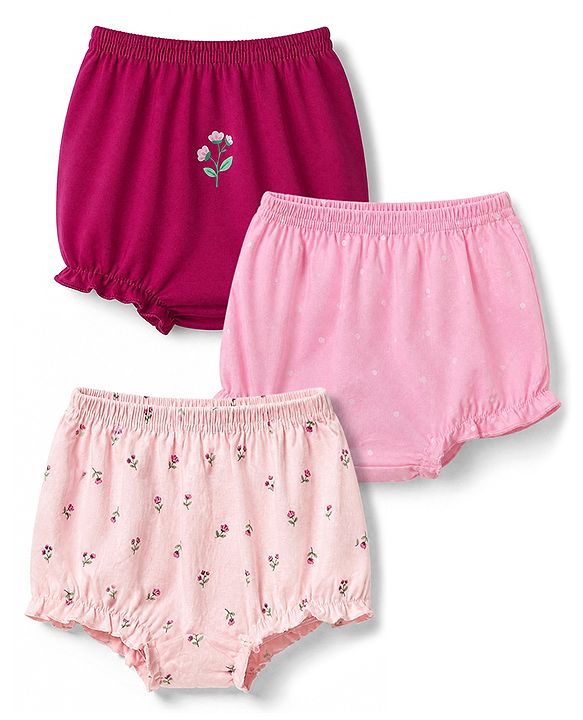 Babyhug 100% Cotton Knit Antibacterial Bloomers with Floral Print Pack of 3 - Red & Pink