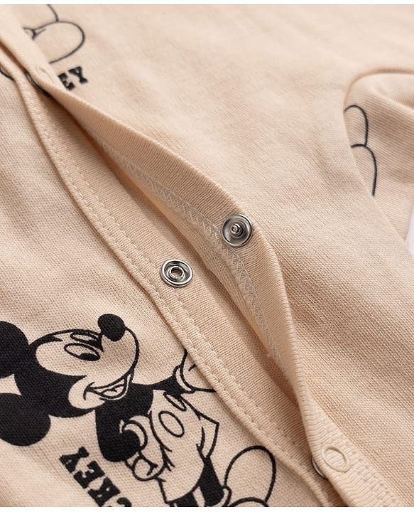 Babyhug Disney 100% Cotton Interlock Knit Front Open Full Sleeves Footed Sleep Suits with Stripes and Mickey Mouse Graphic Print Pack of 2 - Tan & White