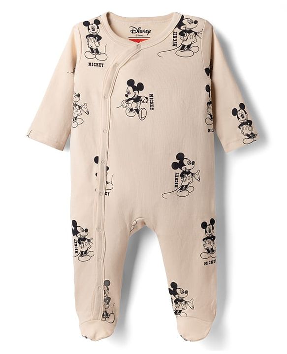 Babyhug Disney 100% Cotton Interlock Knit Front Open Full Sleeves Footed Sleep Suits with Stripes and Mickey Mouse Graphic Print Pack of 2 - Tan & White