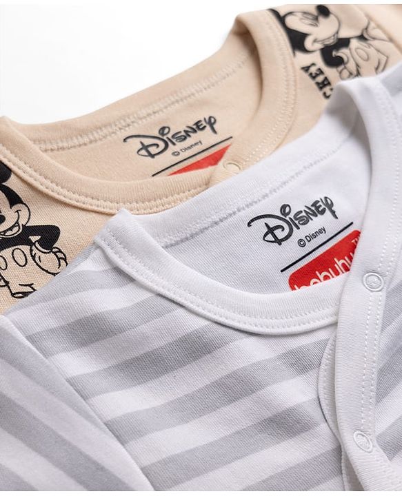 Babyhug Disney 100% Cotton Interlock Knit Front Open Full Sleeves Footed Sleep Suits with Stripes and Mickey Mouse Graphic Print Pack of 2 - Tan & White