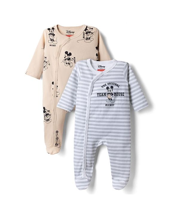 Babyhug Disney 100% Cotton Interlock Knit Front Open Full Sleeves Footed Sleep Suits with Stripes and Mickey Mouse Graphic Print Pack of 2 - Tan & White