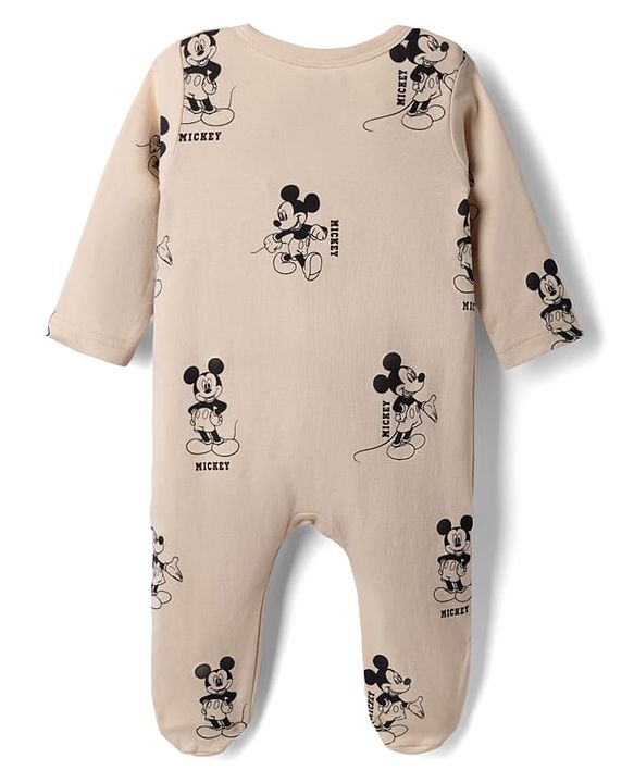 Babyhug Disney 100% Cotton Interlock Knit Front Open Full Sleeves Footed Sleep Suits with Stripes and Mickey Mouse Graphic Print Pack of 2 - Tan & White