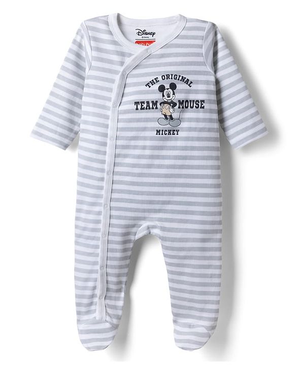 Babyhug Disney 100% Cotton Interlock Knit Front Open Full Sleeves Footed Sleep Suits with Stripes and Mickey Mouse Graphic Print Pack of 2 - Tan & White