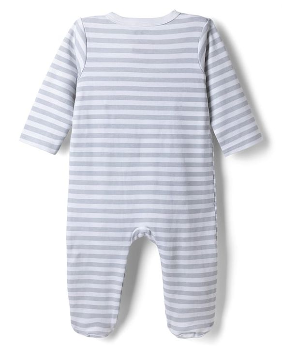 Babyhug Disney 100% Cotton Interlock Knit Front Open Full Sleeves Footed Sleep Suits with Stripes and Mickey Mouse Graphic Print Pack of 2 - Tan & White