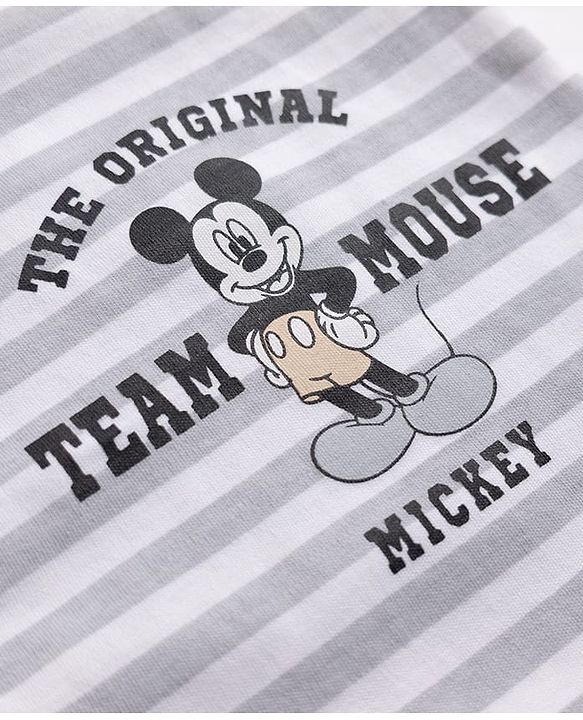 Babyhug Disney 100% Cotton Interlock Knit Front Open Full Sleeves Footed Sleep Suits with Stripes and Mickey Mouse Graphic Print Pack of 2 - Tan & White