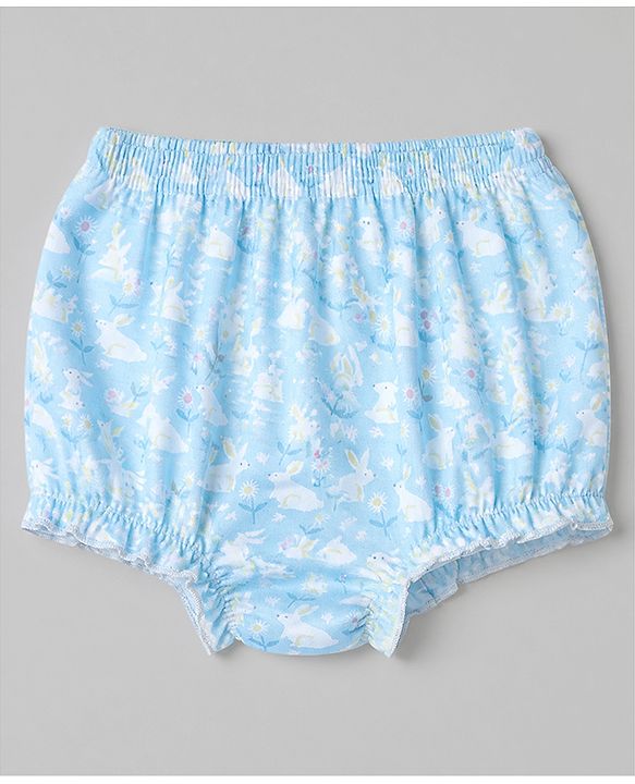 Babyhug 100% Cotton Single Jersey Knit Antibacterial Bloomers with Floral Bunny Print & Stripes Pack of 3 - White Yellow Blue