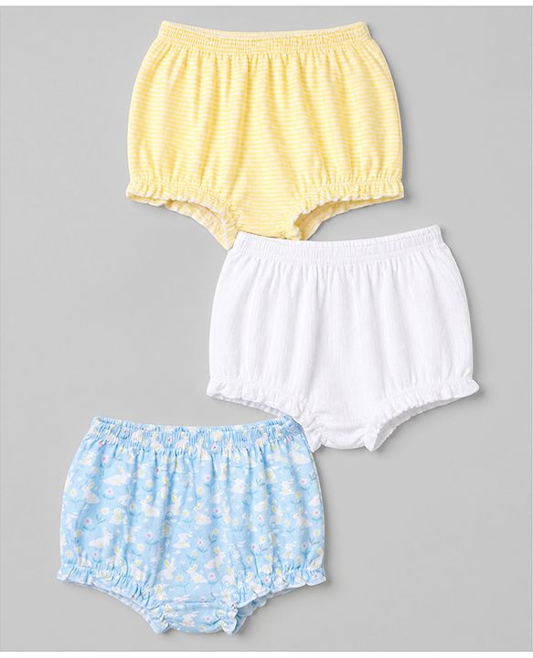 Babyhug 100% Cotton Single Jersey Knit Antibacterial Bloomers with Floral Bunny Print & Stripes Pack of 3 - White Yellow Blue