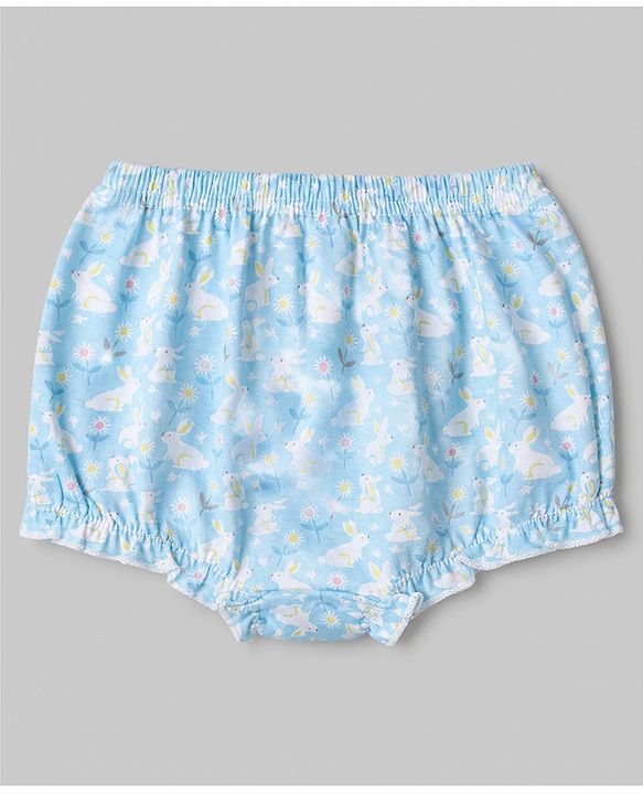Babyhug 100% Cotton Single Jersey Knit Antibacterial Bloomers with Floral Bunny Print & Stripes Pack of 3 - White Yellow Blue
